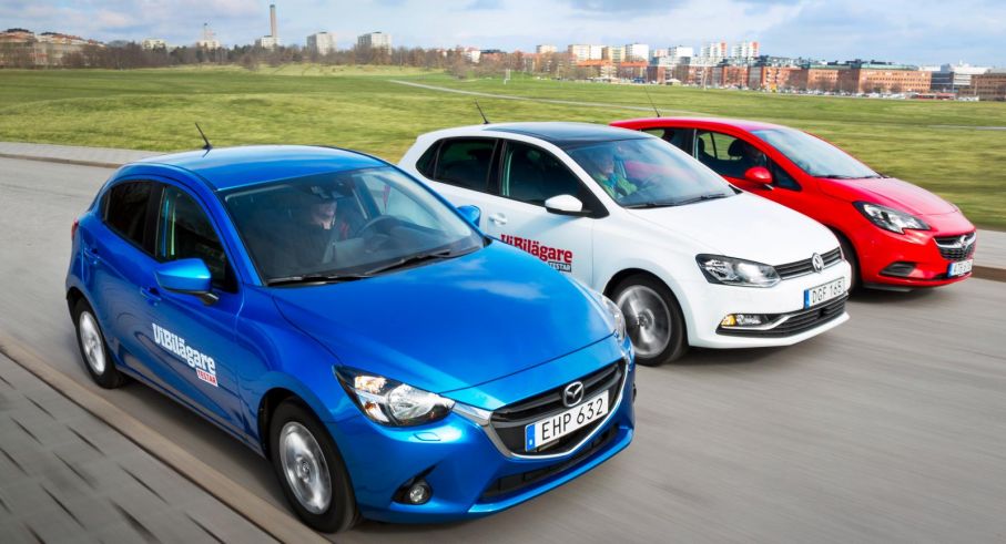 Vi har testat Mazda 2, Opel Corsa och VW Polo.