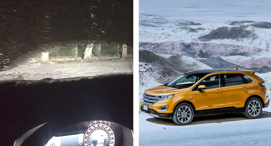 Frågeställaren tycker att värmaren på Ford Edge är för klen och inte orkar tina rutorna på ett bra sätt. Vänstra bilden visar när värmaren har varit igång i 25 minuter -8 grader.