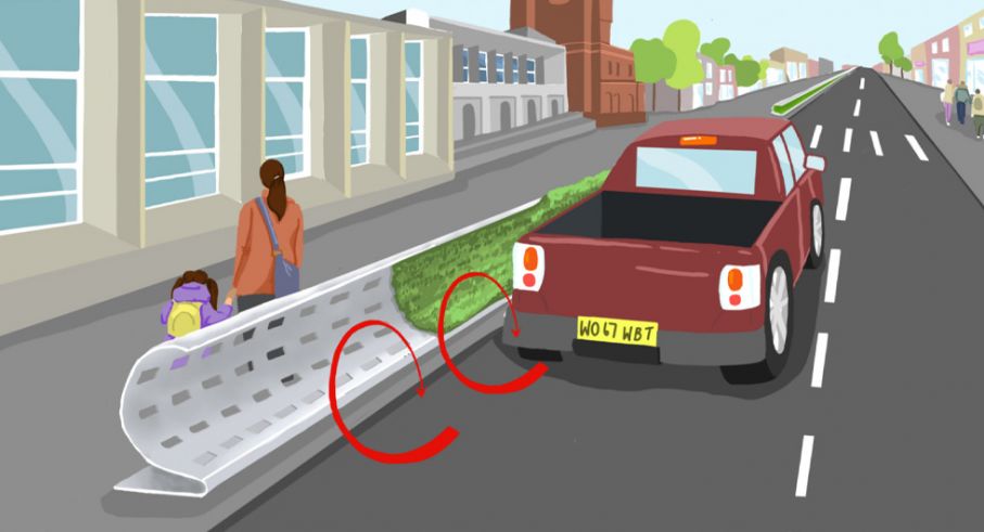 Böjda barriärer längs vägar i städer kan leda tillbaka förorenad luft till bilvägen och skydda gångtrafikanter. Illustration: Imperial College