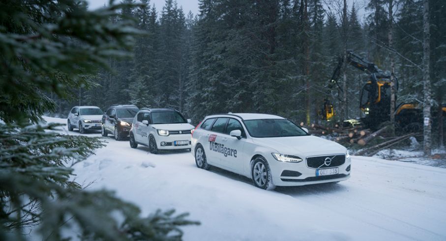 Plötsligt måste vi stanna och fascinerat se hur en modern skogsmaskin arbetar – ruskigt effektivt! Foto: Simon Hamelius.